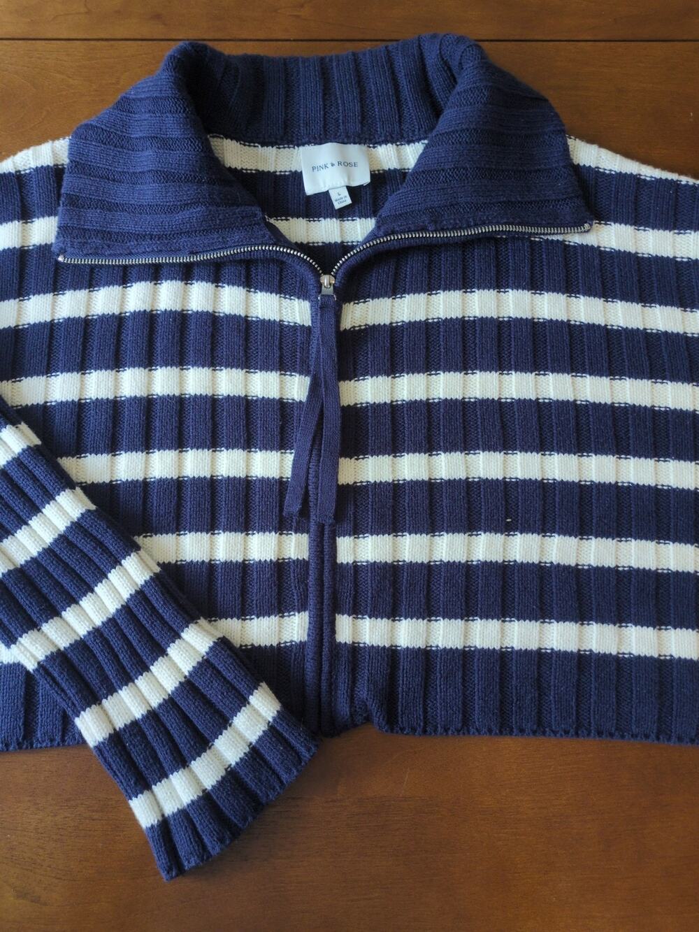 Pink Rose Sweater Jacket Medium Navy Stripe Full Zip Long Sleeve Women's